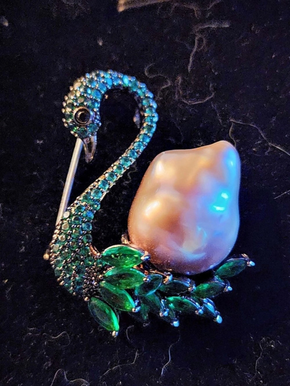 Swan Brooch in Green & Pink Freshwater Pearl